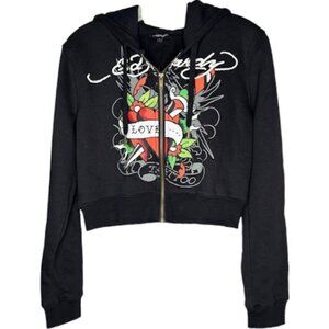 Ed Hardy Love Heart Full-Zip Cropped Fleece Hoodie Tattoo Art - Black/Multi - L